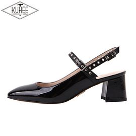 [KUHEE] Sling-back(7009) 5cm- middle heel eyelet punching ballerina pumps Mary Jane handmade shoes - Made in Korea